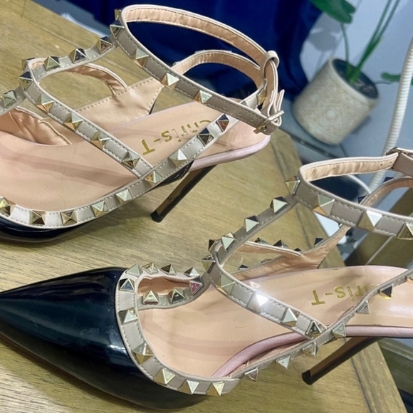 * Chris-T Women's Pointy Toe Buckle Sandals Studded Slingback Kitten Heels Studs - Picture 12 of 16